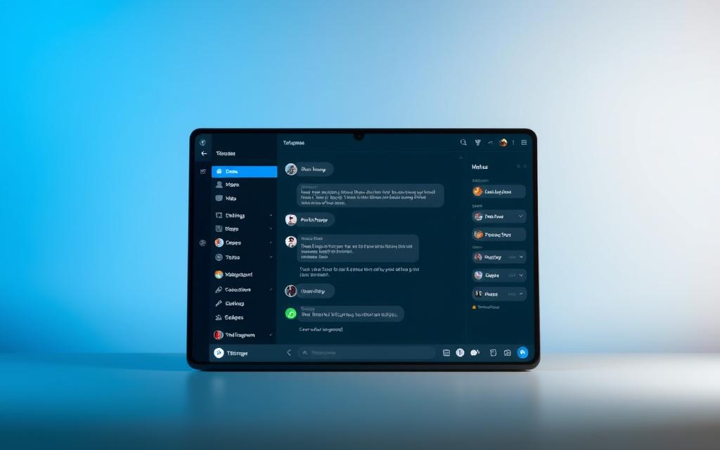 A sleek and modern Telegram X user interface, showcased on a high-resolution display with a clean, minimalist design. The foreground features the core chat window, with crisp, legible text and intuitive icons for various messaging functions. The middle ground highlights the sidebar menu, presenting a neatly organized list of chats, channels, and settings. The background subtly blends shades of blue and grey, creating a calming, professional atmosphere. Soft, directional lighting casts a gentle glow, accentuating the interface's elegant lines and attention to detail. The overall composition conveys Telegram X's seamless user experience and powerful communication capabilities.