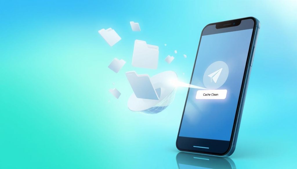 A beautifully designed digital illustration capturing the concept of "Telegram X Cache Cleaning." In the foreground, depict a sleek smartphone screen showcasing the Telegram X app interface, with a prominent "Cache Clean" button being pressed. The middle ground features a stylized, floating representation of digital files and folders being swept away, symbolizing the clearing of cache. The background consists of a soft gradient transitioning from blue to green, evoking a fresh and clean atmosphere, with abstract tech elements subtly incorporated to represent data. The lighting should be bright and inviting, creating a sense of efficiency and clarity. The overall mood is modern and professional, emphasizing a sense of organization and productivity. A beautifully designed digital illustration capturing the concept of "Telegram X Cache Cleaning." In the foreground, depict a sleek smartphone screen showcasing the Telegram X app interface, with a prominent "Cache Clean" button being pressed. The middle ground features a stylized, floating representation of digital files and folders being swept away, symbolizing the clearing of cache. The background consists of a soft gradient transitioning from blue to green, evoking a fresh and clean atmosphere, with abstract tech elements subtly incorporated to represent data. The lighting should be bright and inviting, creating a sense of efficiency and clarity. The overall mood is modern and professional, emphasizing a sense of organization and productivity.
