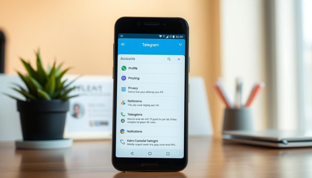 A clear, detailed representation of a smartphone displaying the Telegram account settings interface. In the foreground, the screen should show the vibrant, user-friendly layout of the Telegram app with prominent icons and options like "Profile," "Privacy," and "Notifications." The middle ground features a modern, stylish Android smartphone, sleek and slightly angled to showcase the app display effectively. In the background, a softly blurred workspace setting with a clean desk, a potted plant, and ambient lighting that creates a warm, inviting atmosphere. The lighting should be bright, emphasizing the clarity and color of the smartphone's screen. The mood is professional yet approachable, ideal for illustrating the account setup process.