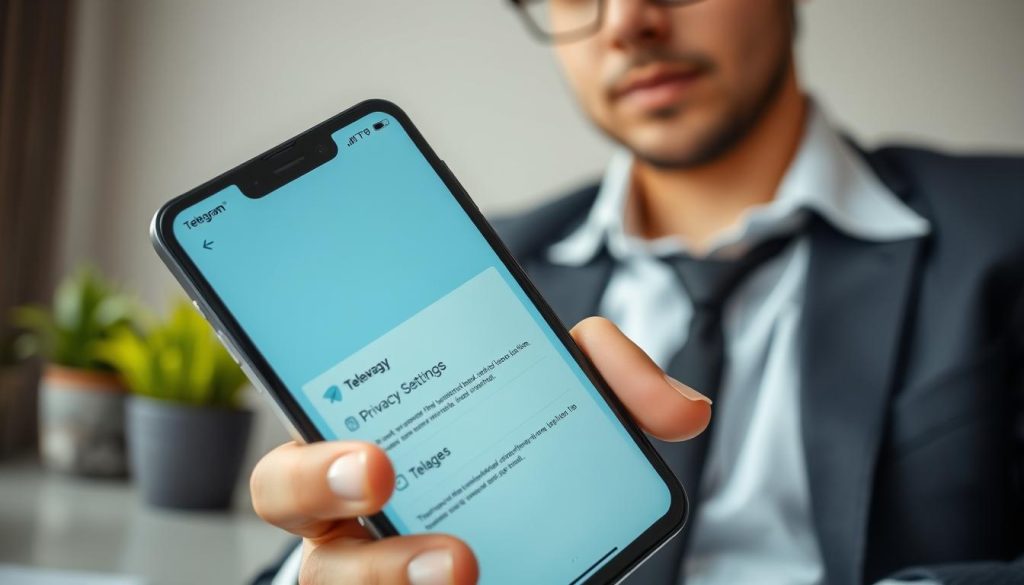 A close-up of a modern smartphone displaying the Telegram app interface, with a focus on the privacy settings section. The phone is held by a professional individual in smart casual attire, seated at a stylish desk with a subtle, blurred background featuring plants and office elements. Soft, diffused lighting creates a warm atmosphere, highlighting the phone's screen and the user's focused expression. The image captures a sense of security and discretion, emphasizing the importance of privacy. The angle is slightly above the phone, showing the screen clearly while keeping the person and their environment in the frame without distractions. The overall mood is calm and informative, perfect for a guide on privacy settings.