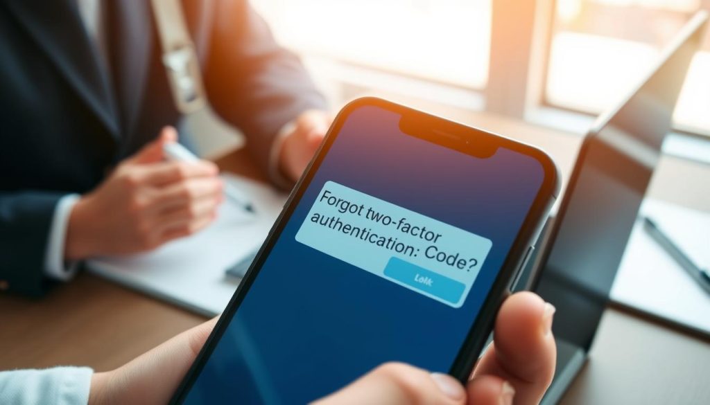 A close-up of a smartphone screen displaying the 'Forgot Two-Factor Authentication Code?' option in a sleek, modern design. The phone is held by a user in professional attire, indicating urgency and concern. The user's partially visible hand suggests a sense of frustration and confusion. In the background, a softly blurred workspace scene with a laptop and notepads, conveying a tech-savvy atmosphere. Natural light streams in from a nearby window, creating warm highlights on the phone screen. The overall mood is tense yet focused, reflecting the user's determination to solve the issue. The colors are a blend of soft blues and whites, creating a calm yet serious environment.