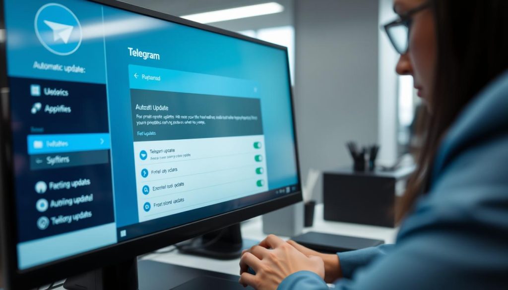 A close-up view of a computer screen displaying the Telegram application with a focus on the automatic update settings interface. The screen features a sleek, modern design, with vibrant colors highlighting the update options. In the foreground, a person in professional attire is interacting with a mouse, looking intently at the screen, reflecting concentration and engagement. The setting is a contemporary office with soft, ambient lighting creating a calm atmosphere, while a few office supplies are visible in the blurred background, adding depth. The overall mood is one of productivity and technology, inviting viewers to explore the ease of setting up automatic updates for Telegram. The angle captures the screen clearly while framing the person and their workspace. A close-up view of a computer screen displaying the Telegram application with a focus on the automatic update settings interface. The screen features a sleek, modern design, with vibrant colors highlighting the update options. In the foreground, a person in professional attire is interacting with a mouse, looking intently at the screen, reflecting concentration and engagement. The setting is a contemporary office with soft, ambient lighting creating a calm atmosphere, while a few office supplies are visible in the blurred background, adding depth. The overall mood is one of productivity and technology, inviting viewers to explore the ease of setting up automatic updates for Telegram. The angle captures the screen clearly while framing the person and their workspace.