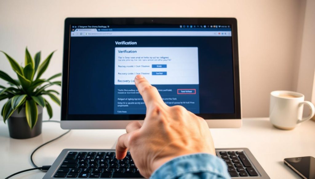 A close-up view of a computer screen displaying the Telegram two-step verification settings page. In the foreground, a pair of hands are poised over a keyboard, one hand pointing to the screen as if highlighting important sections. In the middle, the screen shows the various verification options, including 2FA setup and recovery codes, designed with a modern interface and vibrant colors. The background includes a soft-focus of a cozy workspace with a plant and a coffee cup, creating an inviting atmosphere. The lighting is warm and natural, suggesting a daytime setting. The composition conveys a sense of clarity and professionalism, perfect for illustrating detailed instructions.
