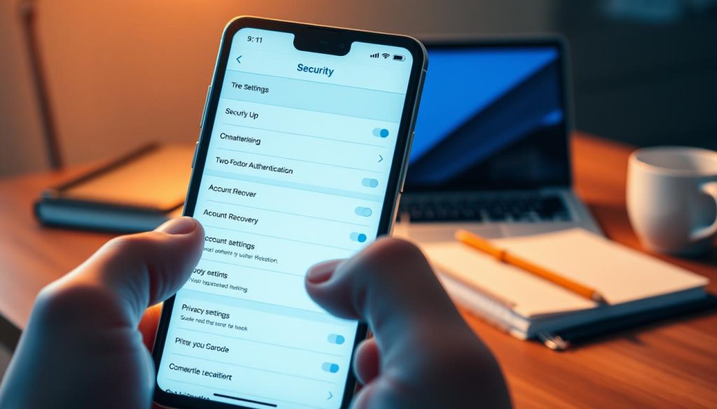 A close-up view of a modern smartphone displaying the Telegram app's security settings interface. In the foreground, a hand gently navigates through various security options like two-factor authentication, account recovery, and privacy settings. The phone's screen brightly illuminates the surroundings, reflecting a soft, digital glow. In the middle ground, a blurred background features a well-organized workspace with a laptop, notebooks, and a coffee cup, suggesting a professional setting. The lighting is warm and inviting, emphasizing a sense of security and tranquility, while evoking the importance of safeguarding one's digital presence. The atmosphere is focused and professional, conveying urgency in setting up safety features without being cluttered or chaotic. A close-up view of a modern smartphone displaying the Telegram app's security settings interface. In the foreground, a hand gently navigates through various security options like two-factor authentication, account recovery, and privacy settings. The phone's screen brightly illuminates the surroundings, reflecting a soft, digital glow. In the middle ground, a blurred background features a well-organized workspace with a laptop, notebooks, and a coffee cup, suggesting a professional setting. The lighting is warm and inviting, emphasizing a sense of security and tranquility, while evoking the importance of safeguarding one's digital presence. The atmosphere is focused and professional, conveying urgency in setting up safety features without being cluttered or chaotic.