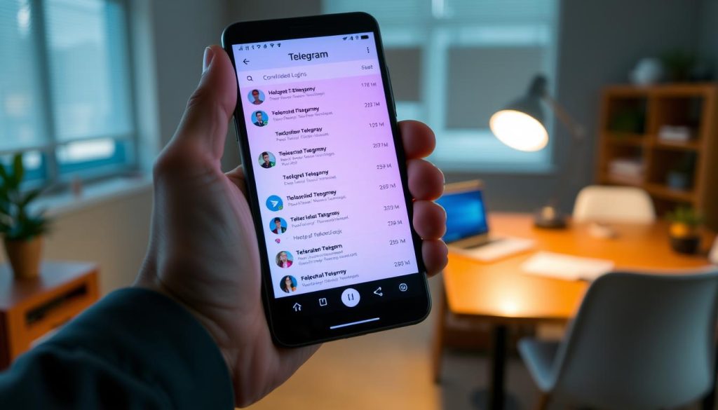 A close-up view of a smartphone screen displaying an active list of Telegram conversations, highlighting various chats with distinct profile icons and timestamps. The foreground features a user's hand holding the phone, dressed in smart casual attire. In the middle, the phone screen is illuminated with vibrant colors, emphasizing the active chats, notifications, and a clean interface. The background includes a softly blurred office environment with a wooden desk and a few soft-lit elements, creating a professional and cozy atmosphere. The lighting is warm and inviting, suggesting a typical working day. The overall mood conveys a sense of importance and urgency, reflecting the need to identify unauthorized logins. A close-up view of a smartphone screen displaying an active list of Telegram conversations, highlighting various chats with distinct profile icons and timestamps. The foreground features a user's hand holding the phone, dressed in smart casual attire. In the middle, the phone screen is illuminated with vibrant colors, emphasizing the active chats, notifications, and a clean interface. The background includes a softly blurred office environment with a wooden desk and a few soft-lit elements, creating a professional and cozy atmosphere. The lighting is warm and inviting, suggesting a typical working day. The overall mood conveys a sense of importance and urgency, reflecting the need to identify unauthorized logins.