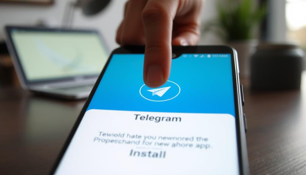 A close-up view of an Android smartphone displaying the Telegram app installation screen. The smartphone is prominently positioned in the foreground, with a clean, modern design. In the middle ground, a subtle hand is gently tapping the "Install" button on the screen, showcasing user interaction. The background features a softly blurred workspace, with a desk and a laptop, creating a tech-savvy atmosphere. Soft, natural lighting falls from a nearby window, giving the scene a calm and inviting look. The overall composition conveys a sense of simplicity and professionalism, illustrating the ease of downloading and installing Telegram on an Android device.