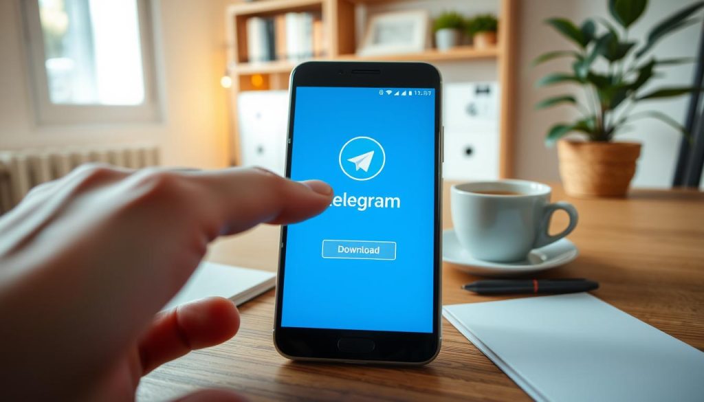 A close-up view of an Android smartphone displaying the Telegram app interface, prominently featuring the download button. In the foreground, a hand gently reaches towards the screen, fingers poised to tap the download icon. The middle ground shows the smartphone resting on a clean, well-organized wooden desk adorned with a notepad and a cup of coffee, conveying a productive atmosphere. In the background, soft, warm lighting fills a cozy home office environment, highlighting details like bookshelves and a potted plant. The mood is inviting and focused, emphasizing the ease and accessibility of downloading Telegram on an Android device. The image should be clear and professionally composed, without any text or distractions.