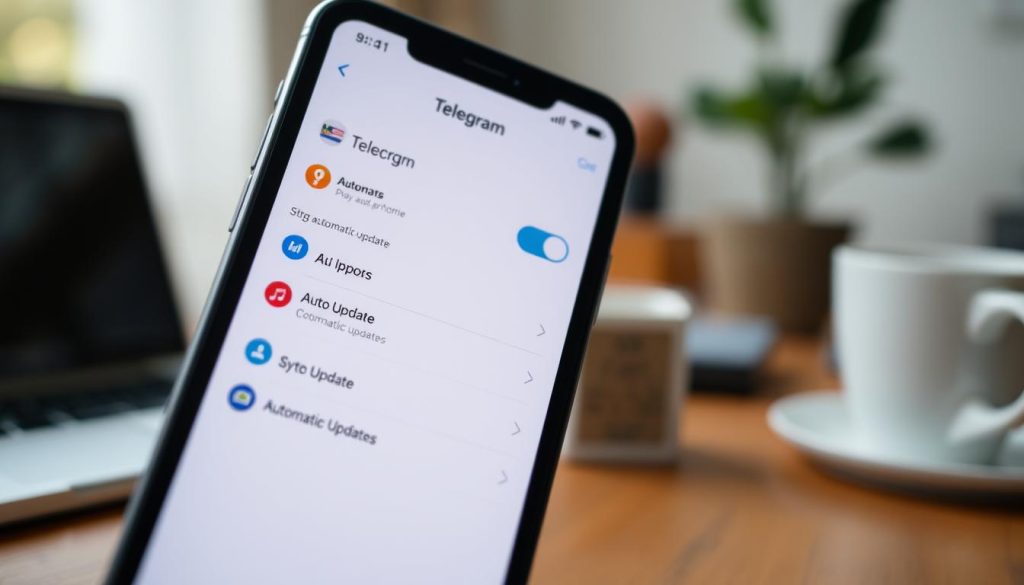 A close-up view of an iPhone screen displaying the Telegram app interface, showcasing the settings for automatic updates. The foreground focuses on the vibrant app icons and the toggle switches within the settings menu, highlighting the “Auto Update” feature. The middle ground features blurred elements of a cozy home environment, such as a desk with a laptop and a coffee mug, suggesting a tech-savvy lifestyle. The background maintains a soft bokeh effect, emphasizing a warm, inviting atmosphere with soft lighting that simulates natural daylight. Use focal depth to draw attention to the iPhone screen, reflecting a sense of modern technology and convenience. The overall mood is calm and focused, perfect for illustrating the ease of setting up automatic updates. A close-up view of an iPhone screen displaying the Telegram app interface, showcasing the settings for automatic updates. The foreground focuses on the vibrant app icons and the toggle switches within the settings menu, highlighting the “Auto Update” feature. The middle ground features blurred elements of a cozy home environment, such as a desk with a laptop and a coffee mug, suggesting a tech-savvy lifestyle. The background maintains a soft bokeh effect, emphasizing a warm, inviting atmosphere with soft lighting that simulates natural daylight. Use focal depth to draw attention to the iPhone screen, reflecting a sense of modern technology and convenience. The overall mood is calm and focused, perfect for illustrating the ease of setting up automatic updates.