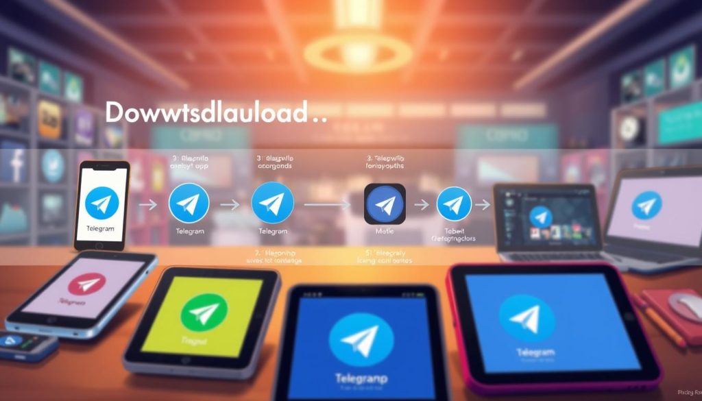 A detailed and engaging illustration depicting the steps to download the Telegram app across various platforms, such as smartphones, tablets, and desktops. In the foreground, showcase colorful icons of the Telegram app on different devices. The middle ground features a clear step-by-step flow, illustrated with arrows and numbered steps, guiding the viewer through the downloading process. The background should include a digital-themed environment, with soft lighting that conveys a modern, tech-savvy atmosphere. Use a shallow depth of field to focus on the devices while having a slightly blurred background, enhancing the visual storytelling. The overall mood should be informative and inviting, encouraging users to learn how to easily install Telegram on their devices. A detailed and engaging illustration depicting the steps to download the Telegram app across various platforms, such as smartphones, tablets, and desktops. In the foreground, showcase colorful icons of the Telegram app on different devices. The middle ground features a clear step-by-step flow, illustrated with arrows and numbered steps, guiding the viewer through the downloading process. The background should include a digital-themed environment, with soft lighting that conveys a modern, tech-savvy atmosphere. Use a shallow depth of field to focus on the devices while having a slightly blurred background, enhancing the visual storytelling. The overall mood should be informative and inviting, encouraging users to learn how to easily install Telegram on their devices.