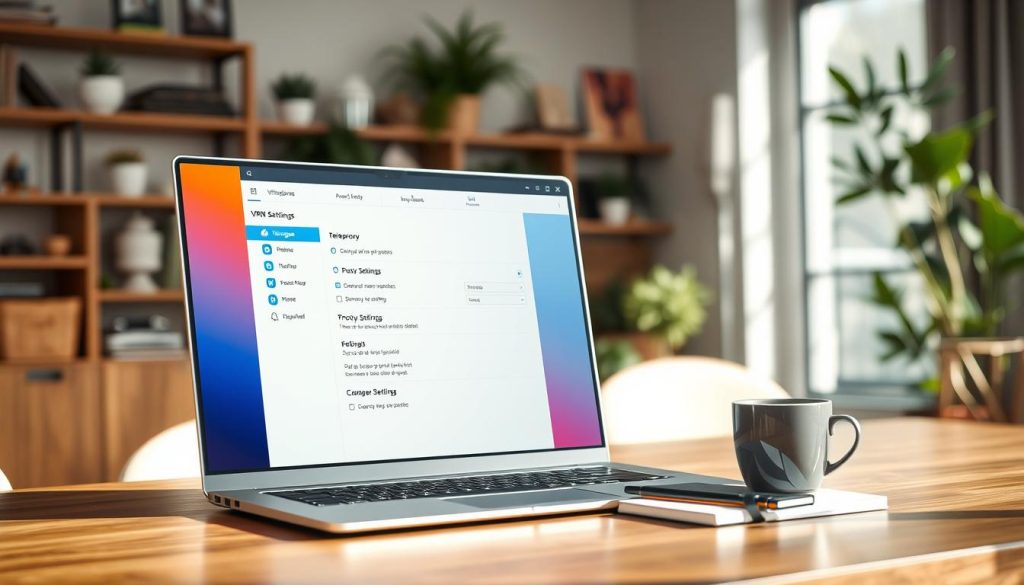 A detailed close-up of a computer screen displaying the settings for configuring a VPN proxy within the Telegram application on Windows. The foreground features the computer screen with vibrant colors showcasing the Telegram interface, illustrating key options like "Proxy Settings" in a clear layout. In the middle, a sleek laptop rests on a stylish wooden desk, surrounded by business-related items like a notebook and a cup of coffee, implying productivity. The background contains a softly blurred home office environment with shelves and green plants, creating a warm and inviting atmosphere. The lighting is bright and modern, with natural sunlight streaming in, enhancing the focus on the screen. The scene embodies a professional and tech-savvy mood, perfect for illustrating the section on setting up VPN proxies for Telegram on a computer. A detailed close-up of a computer screen displaying the settings for configuring a VPN proxy within the Telegram application on Windows. The foreground features the computer screen with vibrant colors showcasing the Telegram interface, illustrating key options like "Proxy Settings" in a clear layout. In the middle, a sleek laptop rests on a stylish wooden desk, surrounded by business-related items like a notebook and a cup of coffee, implying productivity. The background contains a softly blurred home office environment with shelves and green plants, creating a warm and inviting atmosphere. The lighting is bright and modern, with natural sunlight streaming in, enhancing the focus on the screen. The scene embodies a professional and tech-savvy mood, perfect for illustrating the section on setting up VPN proxies for Telegram on a computer.