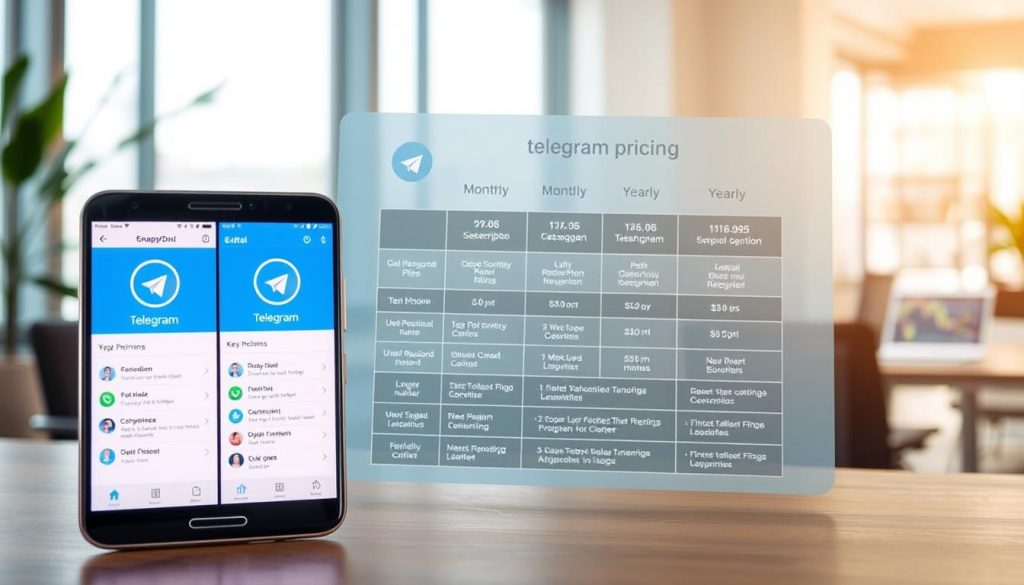 A detailed comparison image showcasing "Telegram Premium Pricing" as part of an informative article. In the foreground, display a sleek smartphone with the Telegram app open, showing a side-by-side comparison of the regular and premium versions. The middle ground features a stylish chart or infographic highlighting key pricing and subscription features, including monthly and yearly plans. In the background, a modern, well-lit office setting conveys a professional atmosphere, with soft natural light filtering through a window. The overall mood should be informative and engaging, appealing to a tech-savvy audience. Use a slightly elevated angle for a dynamic viewpoint, while ensuring all elements are well-balanced and easy to read. A detailed comparison image showcasing "Telegram Premium Pricing" as part of an informative article. In the foreground, display a sleek smartphone with the Telegram app open, showing a side-by-side comparison of the regular and premium versions. The middle ground features a stylish chart or infographic highlighting key pricing and subscription features, including monthly and yearly plans. In the background, a modern, well-lit office setting conveys a professional atmosphere, with soft natural light filtering through a window. The overall mood should be informative and engaging, appealing to a tech-savvy audience. Use a slightly elevated angle for a dynamic viewpoint, while ensuring all elements are well-balanced and easy to read.