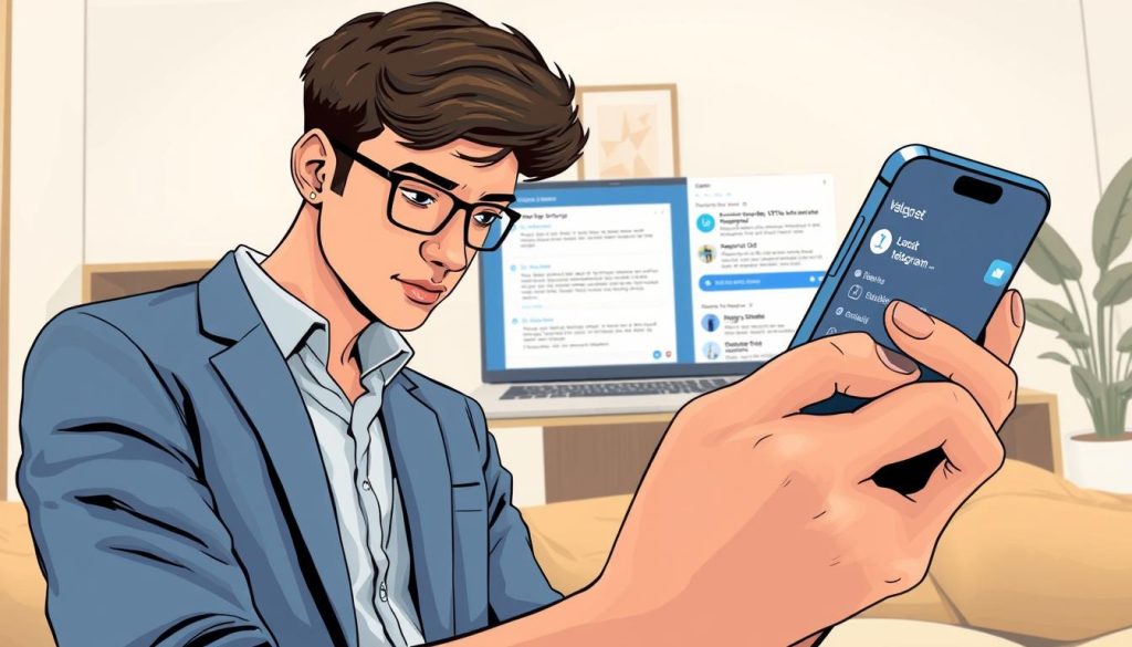 A detailed illustration depicting a person troubleshooting a microphone issue in the Telegram app. In the foreground, a young professional wearing smart casual attire is intently looking at a smartphone and adjusting the microphone settings with a pensive expression. In the middle, a laptop displays the Telegram interface, showcasing a detailed troubleshooting guide. The background consists of a well-lit, modern home office with neutral tones and soft lighting, creating an inviting atmosphere. The focus is on the mobile device and the user's interaction, emphasizing the theme of problem-solving. The image captures a sense of determination and technical engagement, with a clean composition that highlights the subject matter without distractions. A detailed illustration depicting a person troubleshooting a microphone issue in the Telegram app. In the foreground, a young professional wearing smart casual attire is intently looking at a smartphone and adjusting the microphone settings with a pensive expression. In the middle, a laptop displays the Telegram interface, showcasing a detailed troubleshooting guide. The background consists of a well-lit, modern home office with neutral tones and soft lighting, creating an inviting atmosphere. The focus is on the mobile device and the user's interaction, emphasizing the theme of problem-solving. The image captures a sense of determination and technical engagement, with a clean composition that highlights the subject matter without distractions.