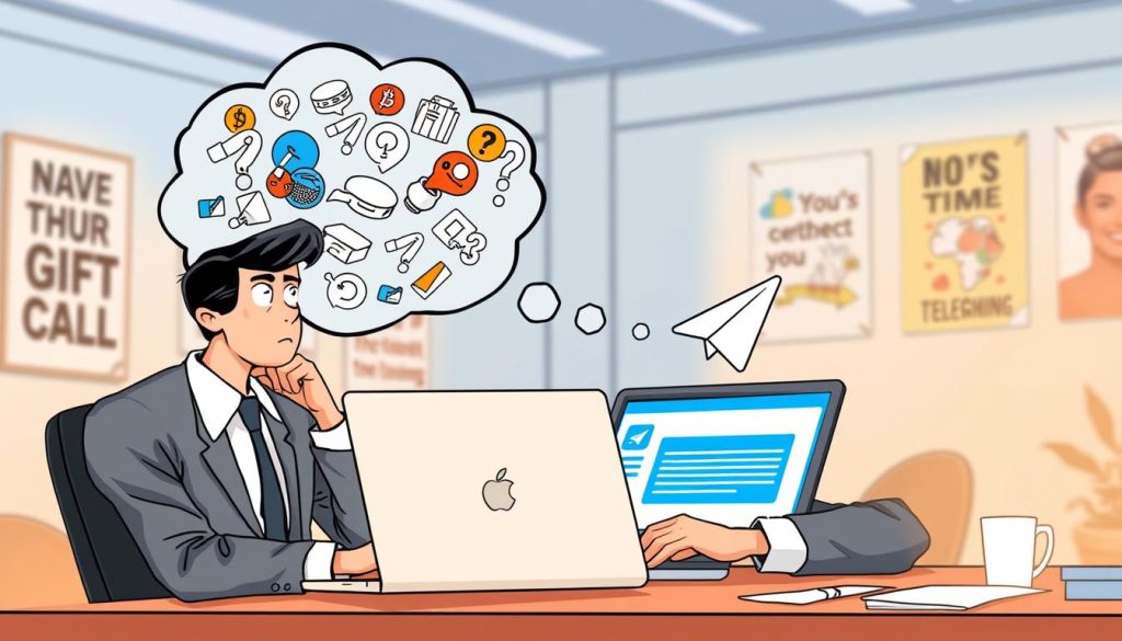 A detailed illustration depicting the potential problems and solutions related to gifting a Telegram Premium membership. In the foreground, show a focused and concerned professional person in business attire, sitting at a desk with a laptop open, displaying the Telegram interface. In the middle ground, include a thought bubble filled with perplexing icons, such as question marks and warning symbols, symbolizing the issues faced during the gifting process. The background features a soft, blurred office environment with motivational posters on the walls, creating a professional atmosphere. Use warm, inviting lighting to evoke a sense of guidance and problem-solving. The image should capture the essence of troubleshooting within a modern digital context, emphasizing clarity and support. A detailed illustration depicting the potential problems and solutions related to gifting a Telegram Premium membership. In the foreground, show a focused and concerned professional person in business attire, sitting at a desk with a laptop open, displaying the Telegram interface. In the middle ground, include a thought bubble filled with perplexing icons, such as question marks and warning symbols, symbolizing the issues faced during the gifting process. The background features a soft, blurred office environment with motivational posters on the walls, creating a professional atmosphere. Use warm, inviting lighting to evoke a sense of guidance and problem-solving. The image should capture the essence of troubleshooting within a modern digital context, emphasizing clarity and support.