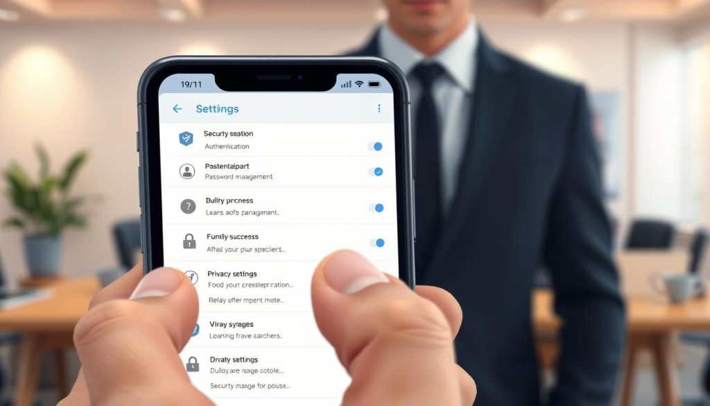 A detailed illustration of a digital security settings interface for Telegram, designed to evoke a sense of professionalism and safety. In the foreground, a well-organized array of settings options, featuring icons representing security features like two-factor authentication, password management, and privacy settings, is displayed on a sleek, modern smartphone screen. The middle layer shows a blurred hand operating the device, dressed in smart casual attire, emphasizing a user actively engaging with security measures. The background features a minimalist office environment with soft, ambient lighting, enhancing focus on the device. The overall mood conveys an atmosphere of vigilance and empowerment, encouraging users to take control of their digital security. A detailed illustration of a digital security settings interface for Telegram, designed to evoke a sense of professionalism and safety. In the foreground, a well-organized array of settings options, featuring icons representing security features like two-factor authentication, password management, and privacy settings, is displayed on a sleek, modern smartphone screen. The middle layer shows a blurred hand operating the device, dressed in smart casual attire, emphasizing a user actively engaging with security measures. The background features a minimalist office environment with soft, ambient lighting, enhancing focus on the device. The overall mood conveys an atmosphere of vigilance and empowerment, encouraging users to take control of their digital security.