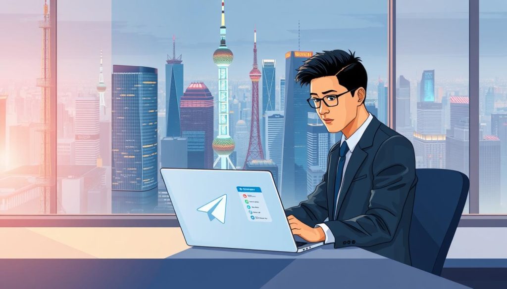 A detailed illustration of a modern urban environment representing ways to access Telegram in China. In the foreground, a professional-looking individual in business attire sits at a sleek desk, intently using a laptop with the Telegram interface visible on the screen. The middle ground features a large window showcasing a bustling cityscape with high-tech buildings and communication towers, symbolizing connectivity. In the background, soft, ambient lighting illuminates the scene, creating a warm yet focused atmosphere. The overall mood conveys innovation and accessibility, capturing the essence of finding digital solutions within an urban landscape. Enhance the image with subtle digital motifs and light flares to emphasize the theme of technology and communication. A detailed illustration of a modern urban environment representing ways to access Telegram in China. In the foreground, a professional-looking individual in business attire sits at a sleek desk, intently using a laptop with the Telegram interface visible on the screen. The middle ground features a large window showcasing a bustling cityscape with high-tech buildings and communication towers, symbolizing connectivity. In the background, soft, ambient lighting illuminates the scene, creating a warm yet focused atmosphere. The overall mood conveys innovation and accessibility, capturing the essence of finding digital solutions within an urban landscape. Enhance the image with subtle digital motifs and light flares to emphasize the theme of technology and communication.
