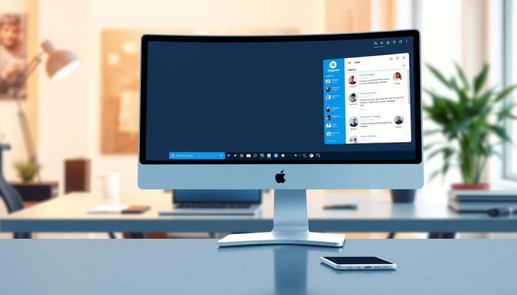 A detailed illustration of the Telegram web interface navigation, prominently featuring the main chat window with vibrant icons and user avatars on the left-hand sidebar. The foreground shows a sleek computer screen displaying the Telegram web layout, with clean lines and modern design elements. The middle ground contains a blurred workspace with a stylish desk, neatly organized with a laptop and smartphone, emphasizing a professional atmosphere. The background portrays a softly illuminated office space with warm lighting, creating an inviting and productive mood. The overall color palette includes shades of blue and white, aligning with Telegram's branding, while maintaining a subtle focus on usability and functionality. The image captures the essence of navigating the Telegram web app effectively.