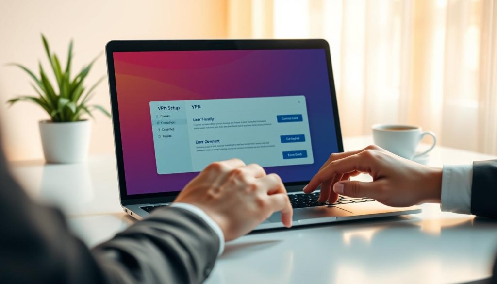 A detailed, informative scene depicting a user navigating a VPN setup on a modern laptop, set on a clean, minimalist desk. The foreground features the laptop screen displaying a colorful, user-friendly VPN interface with connection options. In the middle ground, a pair of professional hands are engaging with the touchpad, emphasizing action and engagement. The background features soft-focused elements like a potted plant and a cup of coffee, suggesting a calm and productive workspace. The lighting is warm and inviting, casting soft shadows to enhance the atmosphere, while a slight bokeh effect adds depth. The overall mood should convey a sense of security and ease, emphasizing the VPN's role in enabling access to online platforms. A detailed, informative scene depicting a user navigating a VPN setup on a modern laptop, set on a clean, minimalist desk. The foreground features the laptop screen displaying a colorful, user-friendly VPN interface with connection options. In the middle ground, a pair of professional hands are engaging with the touchpad, emphasizing action and engagement. The background features soft-focused elements like a potted plant and a cup of coffee, suggesting a calm and productive workspace. The lighting is warm and inviting, casting soft shadows to enhance the atmosphere, while a slight bokeh effect adds depth. The overall mood should convey a sense of security and ease, emphasizing the VPN's role in enabling access to online platforms.