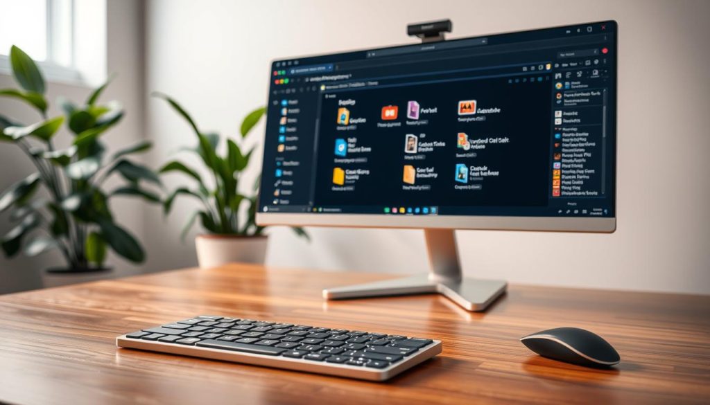 A detailed view of an HTML file browser interface displayed on a sleek computer monitor, set against a minimalist and modern workspace. The foreground features a well-organized screen showcasing neatly arranged folders and files, with vibrant colored icons representing different data types, like images, texts, and exported data from Telegram. In the middle ground, a stylish keyboard and mouse sit on a polished wooden desk, reflecting soft ambient lighting that highlights the screen. The background consists of a subtle blur of a vibrant, green indoor plant, contributing to a calm and productive atmosphere. Use soft lighting to create an inviting mood, with a shallow depth of field to emphasize the HTML file browser. The overall composition should convey a sense of efficiency and clarity in data management.