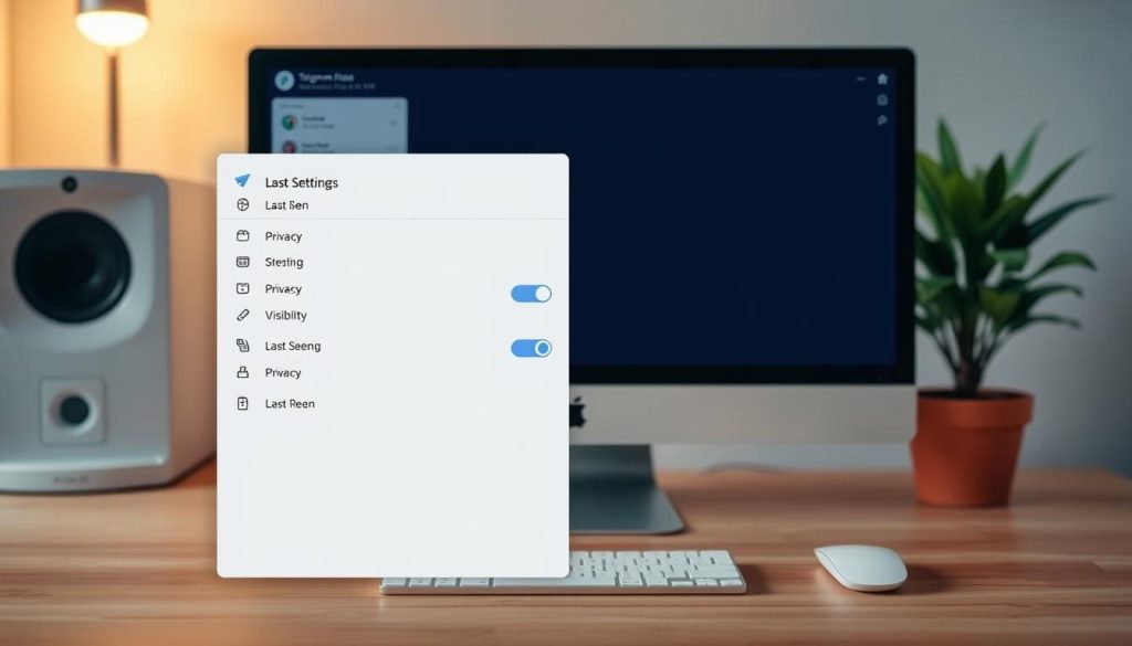 A detailed view of the Telegram desktop privacy settings interface, featuring a clean, modern design. In the foreground, display the settings panel prominently, with options such as "Last Seen" visibility settings highlighted. The middle layer should include a sleek computer monitor, showcasing the Telegram application with a focus on the privacy menu. The background should depict a tidy workspace, with soft ambient lighting creating a cozy, professional atmosphere. The scene is set in a home office with a wooden desk and a potted plant, reflecting a sense of privacy and modern technology. Use a wide-angle lens to capture the entire scene, emphasizing clarity and professionalism without any text or distractions.