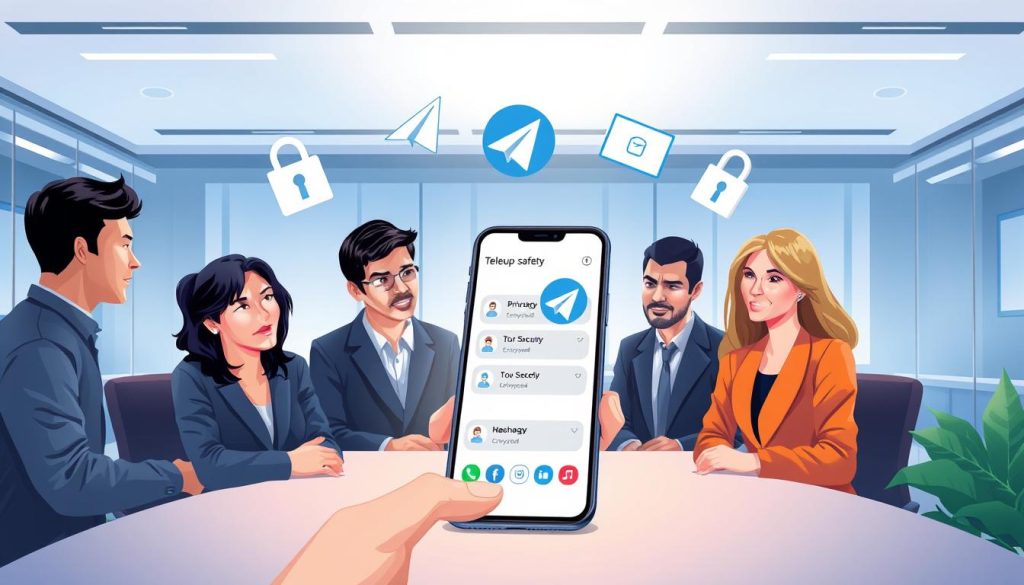 A digital illustration depicting the concept of "group safety" in a vibrant Telegram group setting. In the foreground, a diverse group of four professionals, dressed in business attire, engage in a discussion around a modern smartphone displaying the Telegram app. They are focused and animated, symbolizing teamwork and real-time collaboration. In the middle ground, stylized icons representing privacy, security locks, and encrypted communication float gently, emphasizing the core theme of safety and privacy. The background features a sleek office environment with soft blue and white lighting to create a calm, trustworthy atmosphere, highlighting the importance of digital security. The overall mood is serious yet collaborative, emphasizing the critical aspects of secure group communication. A digital illustration depicting the concept of "group safety" in a vibrant Telegram group setting. In the foreground, a diverse group of four professionals, dressed in business attire, engage in a discussion around a modern smartphone displaying the Telegram app. They are focused and animated, symbolizing teamwork and real-time collaboration. In the middle ground, stylized icons representing privacy, security locks, and encrypted communication float gently, emphasizing the core theme of safety and privacy. The background features a sleek office environment with soft blue and white lighting to create a calm, trustworthy atmosphere, highlighting the importance of digital security. The overall mood is serious yet collaborative, emphasizing the critical aspects of secure group communication.