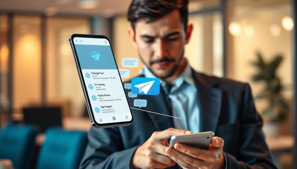A digital illustration focusing on the concept of Telegram bulk forwarding, featuring a professional-looking user interacting with a mobile device. In the foreground, show the user, a young professional in business attire, tapping on the Telegram app, with a highlighted interface displaying multiple messages ready to be forwarded. The middle layer includes a subtle animation effect, illustrating messages flowing from the device, suggesting efficient communication. The background should be a blurred office environment, evoking a sense of productivity and modernity. Soft, warm lighting creates an inviting atmosphere, while a shallow depth of field emphasizes the user and the app interface, making the scene engaging yet clear. Overall, the image should convey a sense of advanced technique and streamlined communication through technology. A digital illustration focusing on the concept of Telegram bulk forwarding, featuring a professional-looking user interacting with a mobile device. In the foreground, show the user, a young professional in business attire, tapping on the Telegram app, with a highlighted interface displaying multiple messages ready to be forwarded. The middle layer includes a subtle animation effect, illustrating messages flowing from the device, suggesting efficient communication. The background should be a blurred office environment, evoking a sense of productivity and modernity. Soft, warm lighting creates an inviting atmosphere, while a shallow depth of field emphasizes the user and the app interface, making the scene engaging yet clear. Overall, the image should convey a sense of advanced technique and streamlined communication through technology.