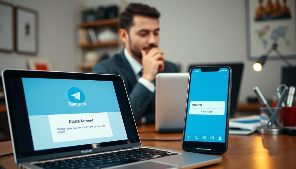 A digital workspace focused on the theme of deleting a Telegram account. In the foreground, a sleek laptop displays the Telegram logo and an email interface with a 'Delete Account' confirmation message. To the side, a smartphone shows the Telegram app with a prominent 'Deactivate' option. In the middle ground, a professional individual in business attire is thoughtfully looking at the laptop screen, with a contemplative expression, surrounded by a cozy office setting. The background features a well-organized desk with office supplies, soft ambient lighting creates a calm and focused atmosphere. The overall mood is informative and serious, emphasizing the task of managing online privacy and account deletion processes. A digital workspace focused on the theme of deleting a Telegram account. In the foreground, a sleek laptop displays the Telegram logo and an email interface with a 'Delete Account' confirmation message. To the side, a smartphone shows the Telegram app with a prominent 'Deactivate' option. In the middle ground, a professional individual in business attire is thoughtfully looking at the laptop screen, with a contemplative expression, surrounded by a cozy office setting. The background features a well-organized desk with office supplies, soft ambient lighting creates a calm and focused atmosphere. The overall mood is informative and serious, emphasizing the task of managing online privacy and account deletion processes.
