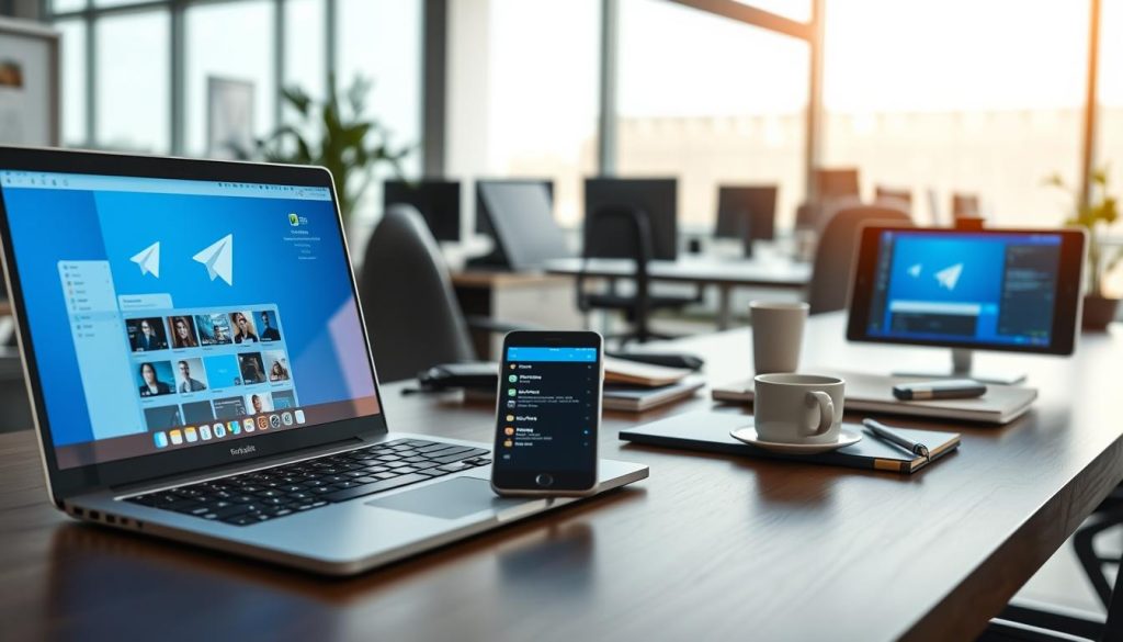 A digital workspace scene featuring a modern office environment, with multiple devices displaying the Telegram app. In the foreground, a sleek laptop with a vibrant blue screen showcasing multiple open Telegram windows, joined by a smartphone displaying notifications. In the middle, a stylish desk cluttered with business-related items, like a notepad and a coffee cup, conveying a sense of productivity. The background includes a large window with soft natural light streaming in, enhancing the atmosphere of a busy yet organized workspace. The overall mood is one of efficiency and modern communication, emphasizing the concept of multitasking and the capabilities of using Telegram on multiple platforms simultaneously. The image is well-lit, with a focus on clarity and detail, capturing the essence of technology in everyday work life. A digital workspace scene featuring a modern office environment, with multiple devices displaying the Telegram app. In the foreground, a sleek laptop with a vibrant blue screen showcasing multiple open Telegram windows, joined by a smartphone displaying notifications. In the middle, a stylish desk cluttered with business-related items, like a notepad and a coffee cup, conveying a sense of productivity. The background includes a large window with soft natural light streaming in, enhancing the atmosphere of a busy yet organized workspace. The overall mood is one of efficiency and modern communication, emphasizing the concept of multitasking and the capabilities of using Telegram on multiple platforms simultaneously. The image is well-lit, with a focus on clarity and detail, capturing the essence of technology in everyday work life.