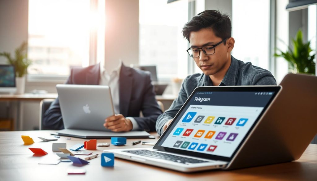 A dynamic scene of a modern workspace highlighting the use of Telegram's web interface for file transfer. In the foreground, a laptop is open, displaying the Telegram web app with vibrant icons for file sharing. Scattered around are various file types represented as colorful icons (documents, images, and videos). The middle ground features a focused professional, a young Asian man in smart casual attire, intently using the laptop with an expression of concentration. In the background, a bright office environment with soft natural lighting streaming through large windows, creating an inviting and productive atmosphere. The overall mood is one of efficiency and contemporary connectivity, symbolizing the ease of managing files through Telegram's web version.