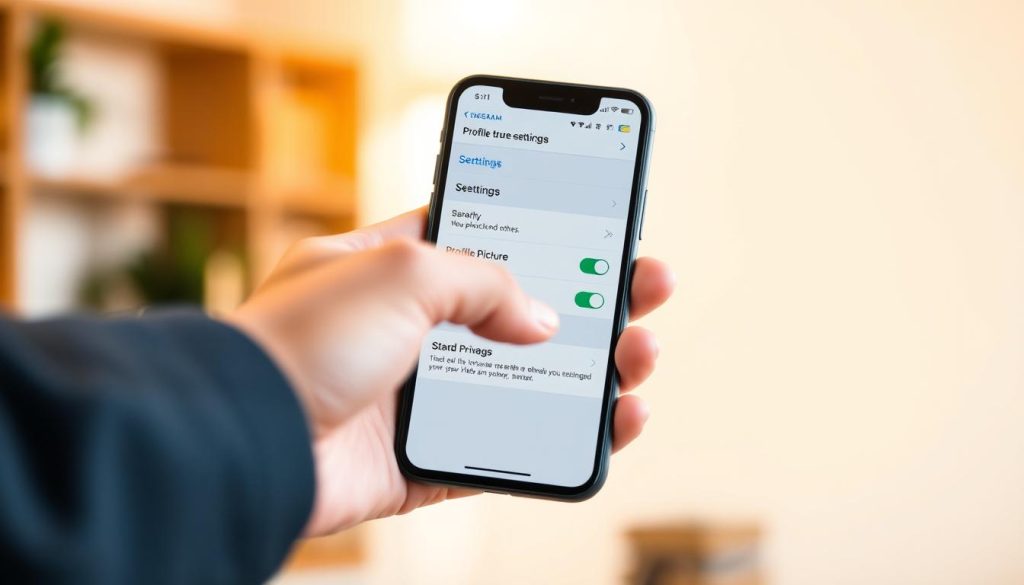 A focused view of a smartphone displaying the Telegram app's settings interface, showcasing the "Profile Picture Privacy" options in a user-friendly format. The foreground features a person’s hand reaching toward the screen, dressed in smart casual attire, indicating a professional context. In the middle, the app interface is highlighted with tabs for adjusting privacy settings, featuring a toggle switch for hiding the profile picture from others. The background is softly blurred to emphasize the smartphone, suggesting a cozy indoor setting with warm lighting, creating a focused and informative atmosphere. The overall mood feels friendly and educational, perfect for users seeking guidance on privacy settings. A focused view of a smartphone displaying the Telegram app's settings interface, showcasing the "Profile Picture Privacy" options in a user-friendly format. The foreground features a person’s hand reaching toward the screen, dressed in smart casual attire, indicating a professional context. In the middle, the app interface is highlighted with tabs for adjusting privacy settings, featuring a toggle switch for hiding the profile picture from others. The background is softly blurred to emphasize the smartphone, suggesting a cozy indoor setting with warm lighting, creating a focused and informative atmosphere. The overall mood feels friendly and educational, perfect for users seeking guidance on privacy settings.