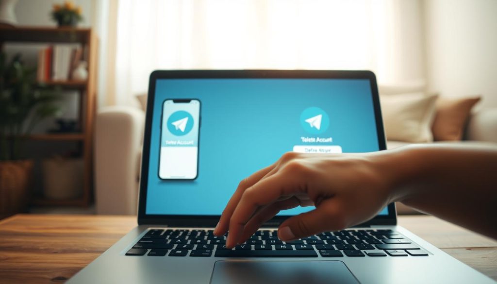A minimalist workspace featuring a laptop displaying the Telegram logo on the screen, emphasizing the account deletion process. In the foreground, a hand hovers over the keyboard, about to click the 'Delete Account' button, showcasing a sense of urgency and decision-making. The middle layer includes a softly blurred smartphone displaying the Telegram app, with a visual representation of a user profile fading or disappearing. The background is a cozy, well-lit room with neutral colors, creating a calm and focused atmosphere. Use warm lighting to evoke a sense of clarity and intention, with a shallow depth of field to draw attention to the laptop and hand, capturing the essence of navigating the account deletion steps. A minimalist workspace featuring a laptop displaying the Telegram logo on the screen, emphasizing the account deletion process. In the foreground, a hand hovers over the keyboard, about to click the 'Delete Account' button, showcasing a sense of urgency and decision-making. The middle layer includes a softly blurred smartphone displaying the Telegram app, with a visual representation of a user profile fading or disappearing. The background is a cozy, well-lit room with neutral colors, creating a calm and focused atmosphere. Use warm lighting to evoke a sense of clarity and intention, with a shallow depth of field to draw attention to the laptop and hand, capturing the essence of navigating the account deletion steps.