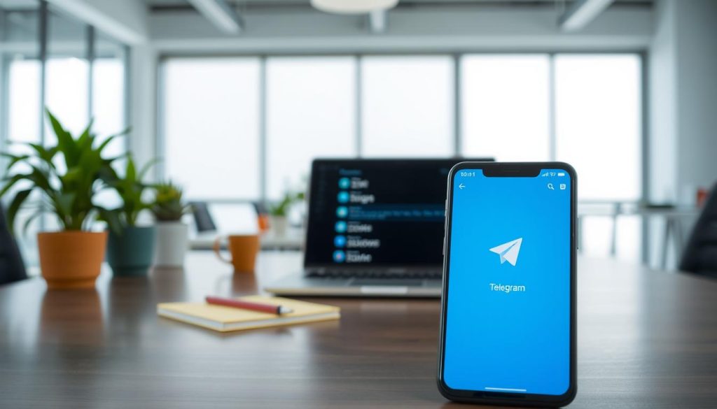 A modern Android smartphone displaying the Telegram app on the screen, set against a sleek, minimalist workspace. The foreground features the phone, its display clearly showing the Telegram logo and an open settings menu indicating automatic updates. In the middle, a soft-focus laptop and a couple of colorful notebooks provide context to the workspace, hinting at productivity. The background consists of a bright, well-lit office with potted plants and contemporary decor, evoking a professional atmosphere. The lighting is bright and even, creating a welcoming feel, while a shallow depth of field draws attention to the phone. The overall mood is efficient and tech-savvy, reflecting an easy and streamlined way to manage app updates on Android devices. A modern Android smartphone displaying the Telegram app on the screen, set against a sleek, minimalist workspace. The foreground features the phone, its display clearly showing the Telegram logo and an open settings menu indicating automatic updates. In the middle, a soft-focus laptop and a couple of colorful notebooks provide context to the workspace, hinting at productivity. The background consists of a bright, well-lit office with potted plants and contemporary decor, evoking a professional atmosphere. The lighting is bright and even, creating a welcoming feel, while a shallow depth of field draws attention to the phone. The overall mood is efficient and tech-savvy, reflecting an easy and streamlined way to manage app updates on Android devices.