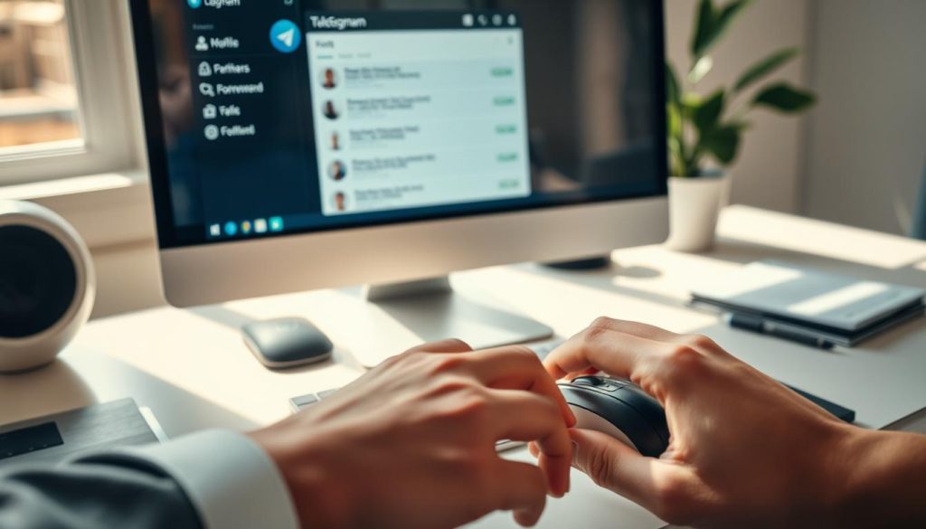 A modern computer setup with a desktop displaying the Telegram application interface. In the foreground, a hand is seen hovering over a computer mouse, ready to click the "forward" button. The middle ground features the Telegram window, showcasing a selection of messages ready to be forwarded, with user-friendly visuals and icons. The background is softly blurred to highlight a clean, organized desk with a notepad and pen, reflecting a professional workspace atmosphere. Natural light streams in from a window, casting soft shadows and creating a warm, inviting mood. The overall tone is efficient and focused, capturing the essence of productivity in digital communication. A modern computer setup with a desktop displaying the Telegram application interface. In the foreground, a hand is seen hovering over a computer mouse, ready to click the "forward" button. The middle ground features the Telegram window, showcasing a selection of messages ready to be forwarded, with user-friendly visuals and icons. The background is softly blurred to highlight a clean, organized desk with a notepad and pen, reflecting a professional workspace atmosphere. Natural light streams in from a window, casting soft shadows and creating a warm, inviting mood. The overall tone is efficient and focused, capturing the essence of productivity in digital communication.