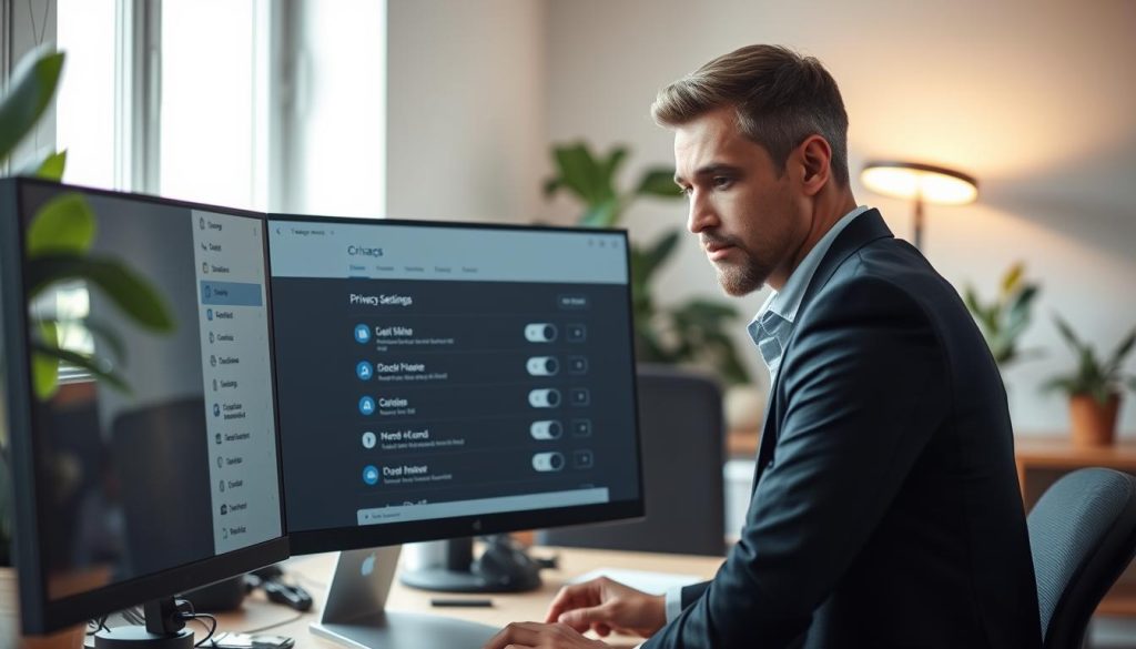 A modern digital workspace featuring a computer screen displaying the Telegram app's privacy settings interface. In the foreground, there's a professional individual (dressed in smart casual attire) intently studying the screen, with a focused expression. The middle ground highlights the computer with detailed elements like the privacy options menu visible, showcasing toggle switches and icons related to contact management. In the background, soft-focus elements of a cozy office environment with plants and a warm light emanating from a desk lamp create an inviting atmosphere. The image is illuminated by bright, natural light from a window, casting gentle shadows to emphasize clarity. The overall mood is one of concentration and empowerment, reflecting the importance of personal privacy settings. A modern digital workspace featuring a computer screen displaying the Telegram app's privacy settings interface. In the foreground, there's a professional individual (dressed in smart casual attire) intently studying the screen, with a focused expression. The middle ground highlights the computer with detailed elements like the privacy options menu visible, showcasing toggle switches and icons related to contact management. In the background, soft-focus elements of a cozy office environment with plants and a warm light emanating from a desk lamp create an inviting atmosphere. The image is illuminated by bright, natural light from a window, casting gentle shadows to emphasize clarity. The overall mood is one of concentration and empowerment, reflecting the importance of personal privacy settings.