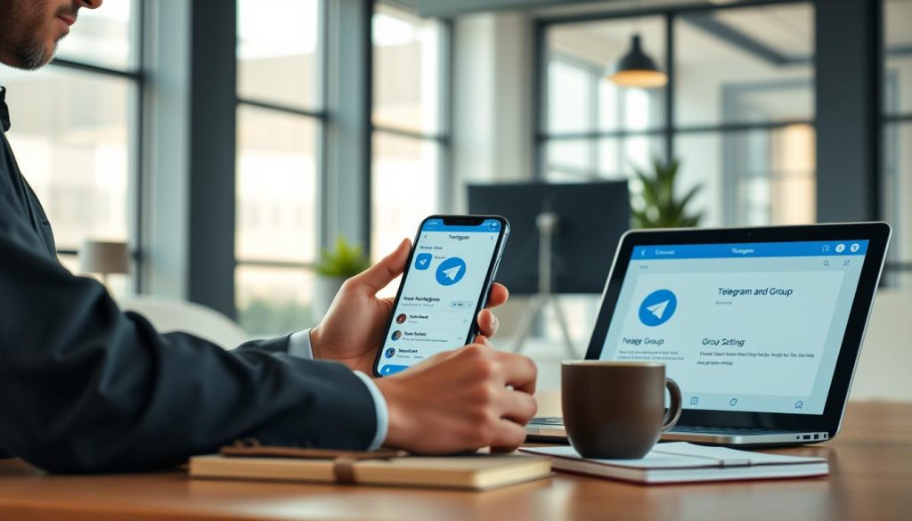 A modern digital workspace focused on managing a Telegram group. In the foreground, a person in professional business attire is interacting with a laptop, reviewing group settings on the Telegram app, with the screen visible showing various group management options. The middle layer features a smartphone displaying the Telegram interface, surrounded by coffee cups and notebooks, suggesting active engagement. The background includes a stylish, minimalistic office with soft, natural lighting filtering through large windows, creating a productive atmosphere. The mood is focused and professional, emphasizing the importance of effective group management and communication. The scene should have a sense of organization and clarity, aiding in visualizing the management and maintenance aspects of a Telegram group. A modern digital workspace focused on managing a Telegram group. In the foreground, a person in professional business attire is interacting with a laptop, reviewing group settings on the Telegram app, with the screen visible showing various group management options. The middle layer features a smartphone displaying the Telegram interface, surrounded by coffee cups and notebooks, suggesting active engagement. The background includes a stylish, minimalistic office with soft, natural lighting filtering through large windows, creating a productive atmosphere. The mood is focused and professional, emphasizing the importance of effective group management and communication. The scene should have a sense of organization and clarity, aiding in visualizing the management and maintenance aspects of a Telegram group.