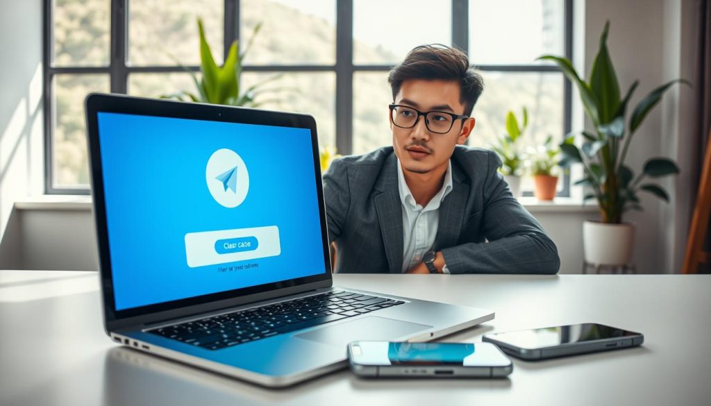 A modern digital workspace scene featuring a sleek laptop open to the Telegram app interface, prominently showcasing a "clear cache" button. In the foreground, a focused young professional, dressed in business casual attire, hovers over the laptop with a look of concentration, contemplating digital organization. The middle ground includes a clean desk with a smartphone beside the laptop, displaying a notification from Telegram about storage space. In the background, natural light streams through a large window, creating a calm and productive atmosphere with potted plants adding a touch of greenery. The overall mood is efficient and motivated, highlighting the importance of digital decluttering. The image captures the essence of maintaining digital wellness and improving device performance through regular cache clearing. A modern digital workspace scene featuring a sleek laptop open to the Telegram app interface, prominently showcasing a "clear cache" button. In the foreground, a focused young professional, dressed in business casual attire, hovers over the laptop with a look of concentration, contemplating digital organization. The middle ground includes a clean desk with a smartphone beside the laptop, displaying a notification from Telegram about storage space. In the background, natural light streams through a large window, creating a calm and productive atmosphere with potted plants adding a touch of greenery. The overall mood is efficient and motivated, highlighting the importance of digital decluttering. The image captures the essence of maintaining digital wellness and improving device performance through regular cache clearing.