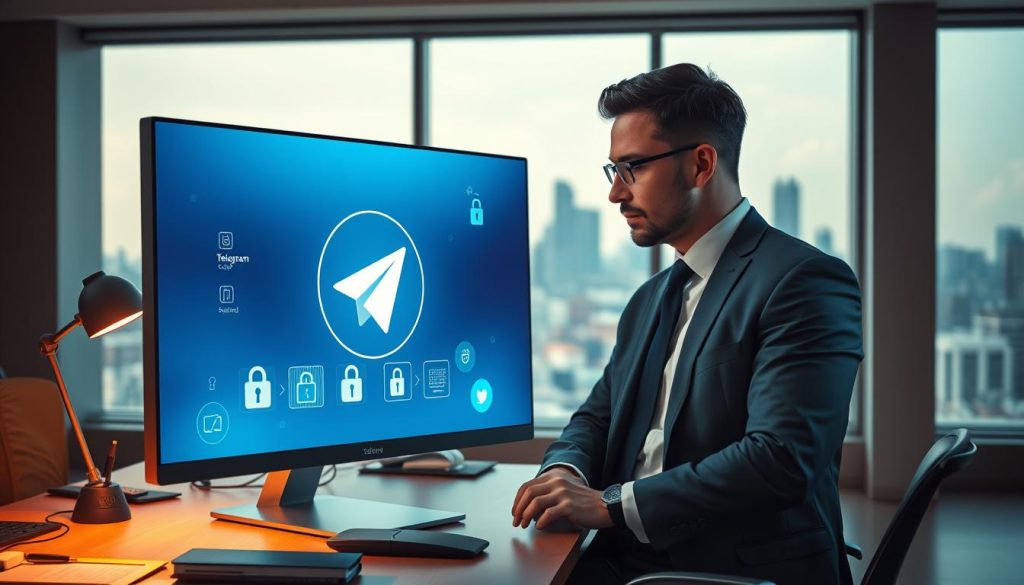 A modern office environment centered around a sleek computer screen displaying a glowing Telegram logo, symbolizing end-to-end encryption. In the foreground, a professional businessperson in smart casual attire is analyzing a digital representation of secure chat messages with padlocks and encrypted data visualizations. The middle layer features a stylish desk with cybersecurity tools and privacy management software on display. In the background, city skyline through a large window, bathed in warm ambient light to create a sense of safety and sophistication. The overall mood is focused and secure, emphasizing the importance of privacy and advanced security features in digital communications. Soft shadows and a slight depth of field to enhance the professional atmosphere. A modern office environment centered around a sleek computer screen displaying a glowing Telegram logo, symbolizing end-to-end encryption. In the foreground, a professional businessperson in smart casual attire is analyzing a digital representation of secure chat messages with padlocks and encrypted data visualizations. The middle layer features a stylish desk with cybersecurity tools and privacy management software on display. In the background, city skyline through a large window, bathed in warm ambient light to create a sense of safety and sophistication. The overall mood is focused and secure, emphasizing the importance of privacy and advanced security features in digital communications. Soft shadows and a slight depth of field to enhance the professional atmosphere.