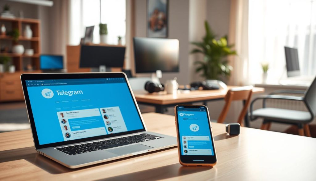 A modern office workspace featuring multiple devices displaying the Telegram interface on their screens. In the foreground, a sleek laptop and a smartphone show the Telegram app running, with distinct profiles visible on each device to illustrate multi-account usage. The middle ground features a stylish desk cluttered with tech gadgets, like headphones and a smartwatch. The background displays a large window letting in soft, natural light, casting gentle shadows across the room. The overall atmosphere is vibrant yet professional, reflecting a sense of productivity and innovation. The lighting is bright but not harsh, creating a warm, inviting feel, and the angle captures a close-up view of the devices, ensuring clarity in the app displays. A modern office workspace featuring multiple devices displaying the Telegram interface on their screens. In the foreground, a sleek laptop and a smartphone show the Telegram app running, with distinct profiles visible on each device to illustrate multi-account usage. The middle ground features a stylish desk cluttered with tech gadgets, like headphones and a smartwatch. The background displays a large window letting in soft, natural light, casting gentle shadows across the room. The overall atmosphere is vibrant yet professional, reflecting a sense of productivity and innovation. The lighting is bright but not harsh, creating a warm, inviting feel, and the angle captures a close-up view of the devices, ensuring clarity in the app displays.