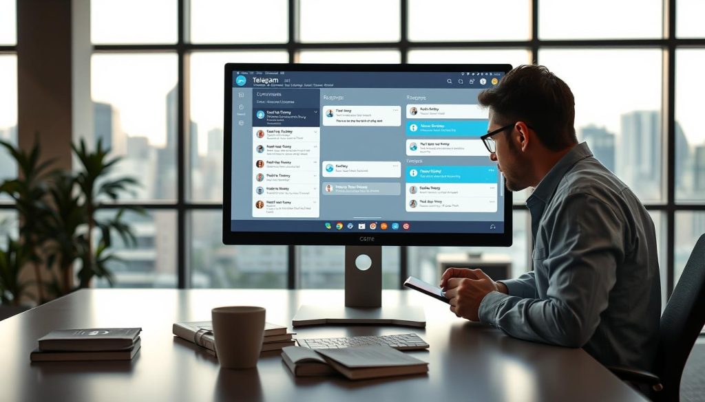 A modern office workspace with a computer screen displaying a Telegram bot interface, showcasing various commands and responses in an organized layout. In the foreground, a focused software developer in smart casual attire analyzes the screen, taking notes. The middle ground features a sleek desk with programming books and a coffee cup, emphasizing a productive environment. The background reveals large windows with city skyline views, allowing natural light to illuminate the scene. The atmosphere is collaborative and innovative, capturing the essence of technological development. Soft diffused lighting and a shallow depth of field create a professional yet welcoming mood, drawing attention to the computer screen and the developer's engagement with the content. A modern office workspace with a computer screen displaying a Telegram bot interface, showcasing various commands and responses in an organized layout. In the foreground, a focused software developer in smart casual attire analyzes the screen, taking notes. The middle ground features a sleek desk with programming books and a coffee cup, emphasizing a productive environment. The background reveals large windows with city skyline views, allowing natural light to illuminate the scene. The atmosphere is collaborative and innovative, capturing the essence of technological development. Soft diffused lighting and a shallow depth of field create a professional yet welcoming mood, drawing attention to the computer screen and the developer's engagement with the content.