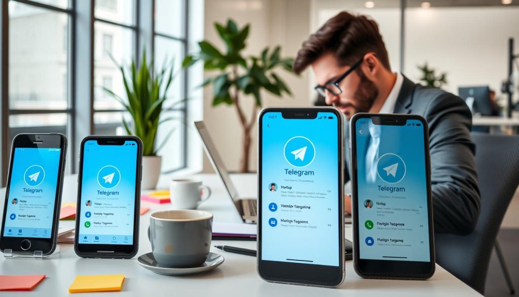 A modern, professional workspace featuring multiple smartphone devices displaying the Telegram app showcasing different user accounts. In the foreground, a businessperson in smart casual attire is focused on their tasks, typing on a laptop while occasionally checking the phones. The middle ground includes a stylish desk organized with colorful sticky notes, a coffee mug, and a potted plant, symbolizing productivity and multitasking. The background reveals a bright office with large windows allowing soft, natural light to flood the room, creating an inviting atmosphere. The overall mood is efficient and organized, illustrating the concept of managing multiple Telegram accounts effectively. The image should capture a sense of modern technology and connectivity, with a clear focus on the task at hand. A modern, professional workspace featuring multiple smartphone devices displaying the Telegram app showcasing different user accounts. In the foreground, a businessperson in smart casual attire is focused on their tasks, typing on a laptop while occasionally checking the phones. The middle ground includes a stylish desk organized with colorful sticky notes, a coffee mug, and a potted plant, symbolizing productivity and multitasking. The background reveals a bright office with large windows allowing soft, natural light to flood the room, creating an inviting atmosphere. The overall mood is efficient and organized, illustrating the concept of managing multiple Telegram accounts effectively. The image should capture a sense of modern technology and connectivity, with a clear focus on the task at hand.