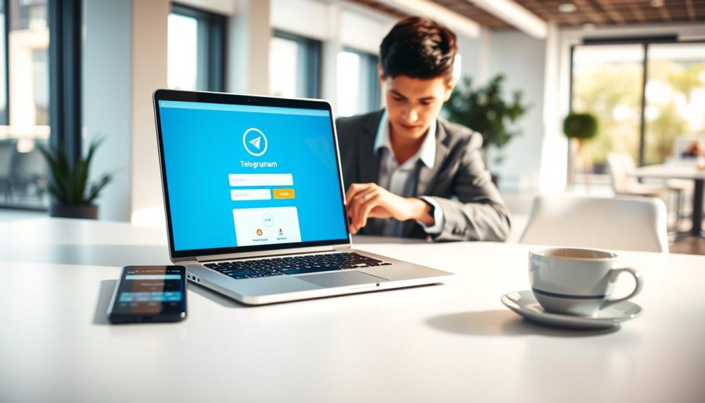 A modern workspace featuring a sleek laptop displaying the Telegram web interface on the screen. The foreground includes a clean desk with minimalistic design elements, a smartphone beside the laptop showing a notification, and a cup of coffee. In the middle ground, a focused individual in professional attire, either gender, is interacting with the laptop, reflecting concentration and engagement. The background consists of a bright, inviting office space with large windows casting natural light, providing a warm and productive atmosphere. Soft shadows enhance the depth of the scene, while a slight bokeh effect on the background emphasizes the primary interaction with the laptop. The overall mood is professional, encouraging, and tech-savvy, suitable for illustrating the process of accessing and logging into Telegram's web version.