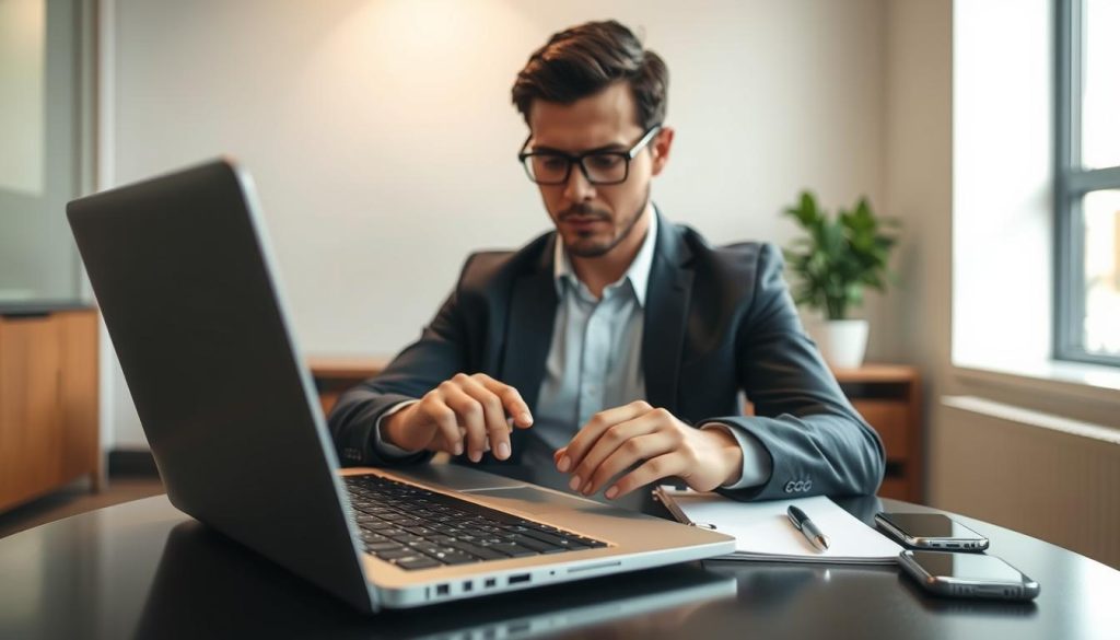 A person sitting at a modern desk, focusing intently on a digital device, trying to recover a Telegram account. The foreground features a laptop with the Telegram application open, displaying a login screen. In the middle, the individual is wearing professional business attire, their expression calm yet determined, fingers poised over the keyboard. The background showcases a sleek office environment with soft natural light filtering through a window, creating a warm, inviting atmosphere. The desk is organized with a few essential items, like a notepad, pen, and smartphone, symbolizing a professional workspace. The overall mood is one of problem-solving and professionalism, capturing the essence of tackling account recovery amidst challenges.