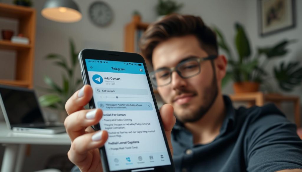 A person using a smartphone with the Telegram app open, focused on the screen as they navigate to the "Add Contact" feature. In the foreground, the phone screen prominently displays the Telegram interface, showcasing the contact addition process with a clean and user-friendly layout. In the middle background, a cozy, modern workspace with a desk, laptop, and plants creates a welcoming atmosphere. Soft, natural lighting streams in from a nearby window, highlighting the user's focused expression. The overall mood is productive and approachable, conveying a sense of ease in adding new contacts through the app. The angle is slightly above eye level, giving a clear view of the phone screen while maintaining a candid, relatable feel. A person using a smartphone with the Telegram app open, focused on the screen as they navigate to the "Add Contact" feature. In the foreground, the phone screen prominently displays the Telegram interface, showcasing the contact addition process with a clean and user-friendly layout. In the middle background, a cozy, modern workspace with a desk, laptop, and plants creates a welcoming atmosphere. Soft, natural lighting streams in from a nearby window, highlighting the user's focused expression. The overall mood is productive and approachable, conveying a sense of ease in adding new contacts through the app. The angle is slightly above eye level, giving a clear view of the phone screen while maintaining a candid, relatable feel.
