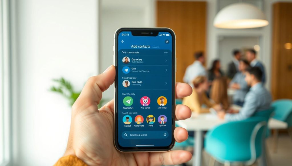A professional, clean digital interface depicting a user adding contacts through a Telegram group. In the foreground, a smartphone held in a person’s hand, showing the Telegram app open with a user-friendly interface. The middle layer features vibrant icons representing contact options, with a group chat visible in the background filled with friendly avatars of diverse individuals engaged in conversation. The background includes a blurred office setting, suggesting a collaborative environment, with soft lighting to create a warm, inviting atmosphere. The image should convey a sense of connectivity and community, emphasizing simplicity and ease of use in digital communication. Use a slight angle to capture the phone screen clearly. A professional, clean digital interface depicting a user adding contacts through a Telegram group. In the foreground, a smartphone held in a person’s hand, showing the Telegram app open with a user-friendly interface. The middle layer features vibrant icons representing contact options, with a group chat visible in the background filled with friendly avatars of diverse individuals engaged in conversation. The background includes a blurred office setting, suggesting a collaborative environment, with soft lighting to create a warm, inviting atmosphere. The image should convey a sense of connectivity and community, emphasizing simplicity and ease of use in digital communication. Use a slight angle to capture the phone screen clearly.