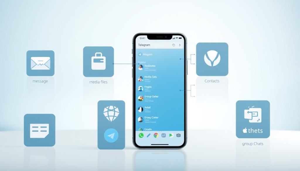 A professional infographic illustrating the various exportable data types from Telegram. In the foreground, display icons symbolizing messages, media files, contacts, and group chats, arranged in an organized manner. In the middle ground, use a sleek smartphone interface showcasing Telegram's user platform, highlighting typical data outputs that can be exported. The background features a subtle gradient, transitioning from light blue to white, evoking a clean and modern digital atmosphere. Employ soft, focused lighting to enhance the visual clarity of the icons and the phone screen. The overall mood should be informative and user-friendly, appealing to readers seeking knowledge about Telegram data exports, while ensuring a polished and professional appearance throughout the image.
