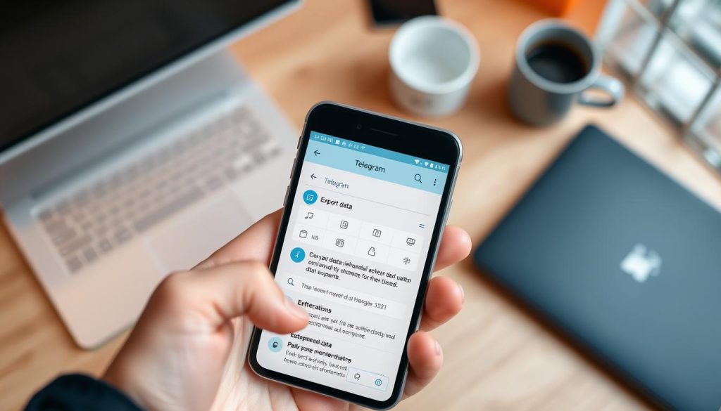 A professional-looking mobile device displaying the Telegram interface, prominently featuring the export data section with relevant icons and controls. In the foreground, the smartphone is held in a clean, well-organized hand, emphasizing a user-friendly aspect. The middle layer showcases a softly blurred desk setting, with a sleek laptop and a coffee cup, evoking a productive atmosphere. The background includes a softly lit workspace, with warm ambient lighting to create a cozy yet focused feel. The scene is viewed from a slight overhead angle, allowing a glimpse of the user interface on the mobile screen. The overall mood is one of efficiency and ease, inviting the viewer to learn about data exporting on Telegram.