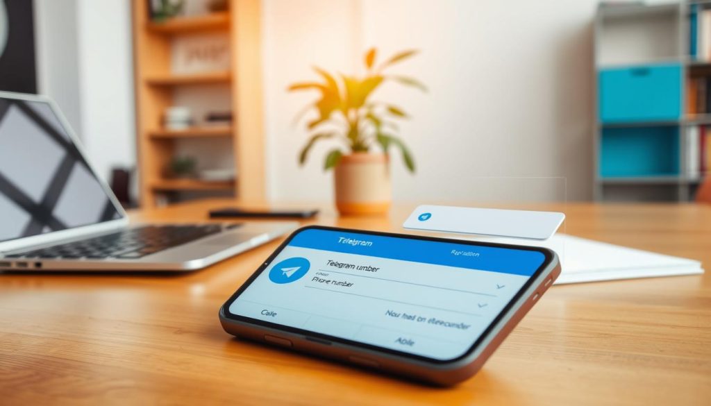 A professional-looking smartphone screen displaying the Telegram registration interface, prominently featuring the app icon and fields for entering a phone number and verification code. In the foreground, the smartphone is placed on a wooden table with a stylish laptop and a notepad visible, symbolizing productivity. The middle layer includes a soft glow emanating from the screen, giving a sense of modern technology. In the background, a cozy home office setup is depicted with a plant and bookshelves, evoking a warm and inviting atmosphere. The lighting is bright but soft, creating a clear focus on the smartphone and registration screen. The overall mood is encouraging and user-friendly, inviting users to register their accounts easily. A professional-looking smartphone screen displaying the Telegram registration interface, prominently featuring the app icon and fields for entering a phone number and verification code. In the foreground, the smartphone is placed on a wooden table with a stylish laptop and a notepad visible, symbolizing productivity. The middle layer includes a soft glow emanating from the screen, giving a sense of modern technology. In the background, a cozy home office setup is depicted with a plant and bookshelves, evoking a warm and inviting atmosphere. The lighting is bright but soft, creating a clear focus on the smartphone and registration screen. The overall mood is encouraging and user-friendly, inviting users to register their accounts easily.