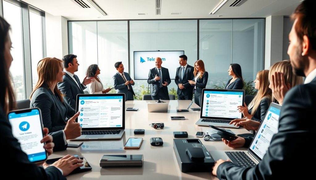 A professional office setting showcasing multiple devices, including smartphones and laptops, displaying the Telegram app interface with various accounts open. In the foreground, a diverse group of individuals, dressed in smart business attire, engage in a discussion, gesturing towards the screens. In the middle, a sleek conference table is adorned with tech gadgets, subtly reflecting the theme of efficiency and multitasking. The background features a modern office with large windows letting in natural light, creating an inviting atmosphere. Soft shadows add depth, while warm tones evoke a sense of connectedness and collaboration. The overall mood should feel dynamic and professional, emphasizing the capability of managing multiple Telegram accounts seamlessly. A professional office setting showcasing multiple devices, including smartphones and laptops, displaying the Telegram app interface with various accounts open. In the foreground, a diverse group of individuals, dressed in smart business attire, engage in a discussion, gesturing towards the screens. In the middle, a sleek conference table is adorned with tech gadgets, subtly reflecting the theme of efficiency and multitasking. The background features a modern office with large windows letting in natural light, creating an inviting atmosphere. Soft shadows add depth, while warm tones evoke a sense of connectedness and collaboration. The overall mood should feel dynamic and professional, emphasizing the capability of managing multiple Telegram accounts seamlessly.