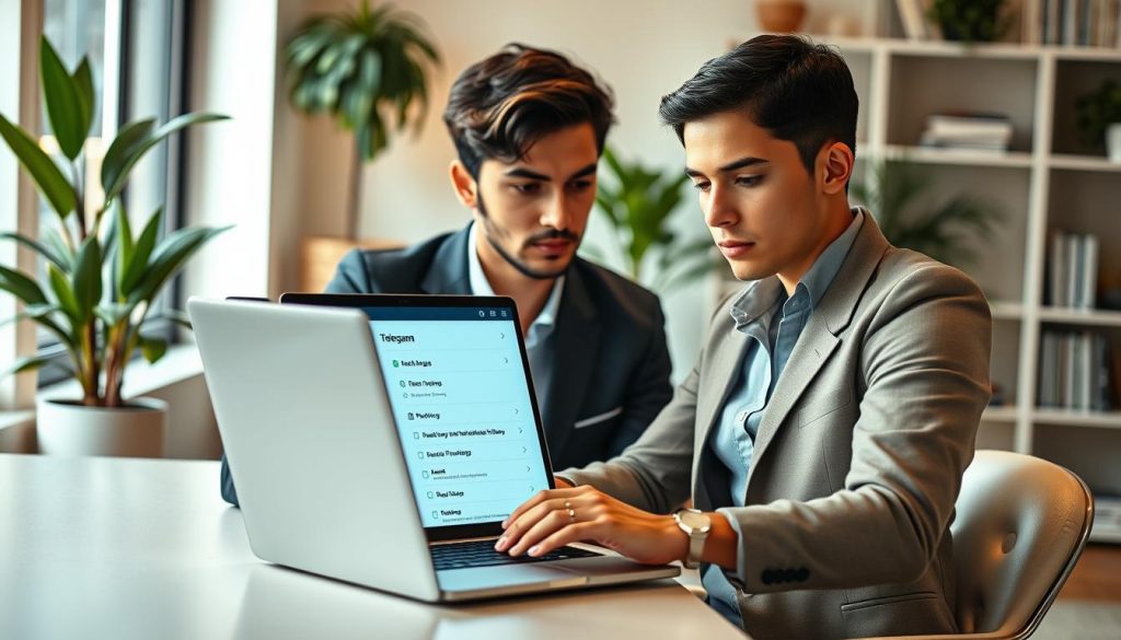 A professional young adult sitting at a stylish desk with a laptop, focused on adjusting privacy settings on Telegram. The foreground features the individual in smart casual attire, exuding concentration and determination, while the middle focuses on the glowing laptop screen showing a privacy menu icon. The background showcases a modern, well-lit home office with plants and bookshelves, creating an inviting yet productive atmosphere. Soft, warm lighting enhances the mood, while a shallow depth of field blurs the background slightly, putting emphasis on the subject's facial expression and the laptop. The image conveys a sense of empowerment and awareness about digital privacy.