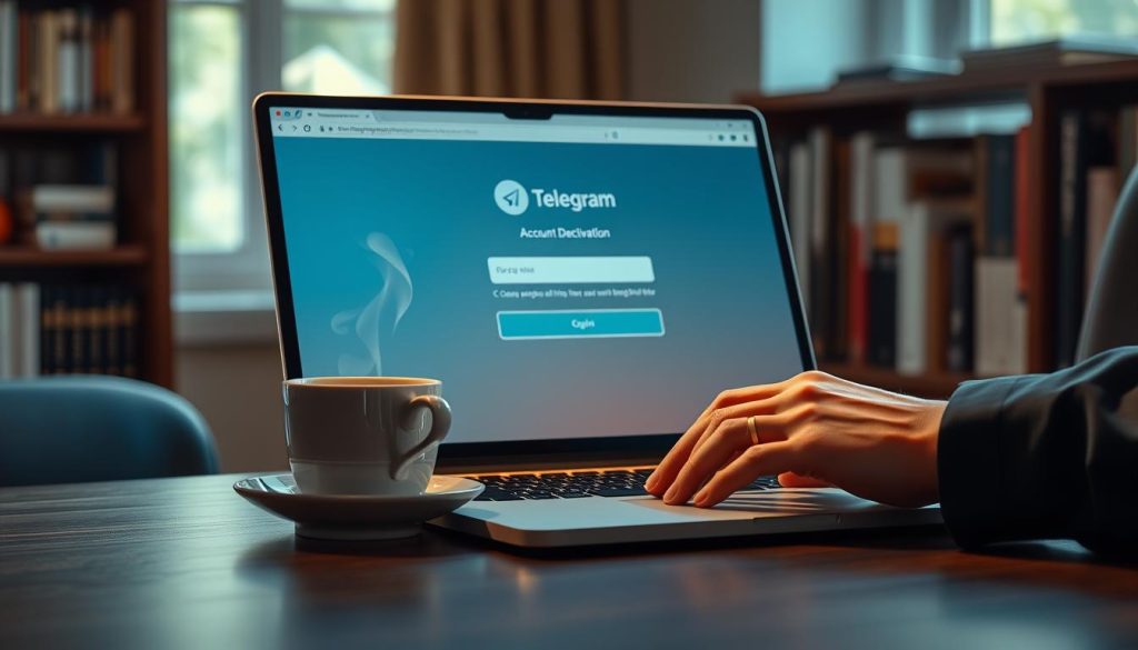 A serene digital workspace depicting an elegant desk with a laptop open on a vibrant Telegram login page displaying an account deactivation screen. In the foreground, a pair of hands, casually but professionally dressed, thoughtfully rests on the keyboard, symbolizing a moment of reflection. In the middle ground, a calming cup of coffee steams gently beside the laptop, conveying a sense of waiting and contemplation during the "cooling-off" period. The background features a softly blurred bookshelf filled with books on technology and communication, hinting at knowledge. Soft natural light filters through a nearby window, creating a tranquil and introspective atmosphere. The overall mood is one of calm decision-making and clarity, illustrating the importance of taking time to understand the implications of account deletion. A serene digital workspace depicting an elegant desk with a laptop open on a vibrant Telegram login page displaying an account deactivation screen. In the foreground, a pair of hands, casually but professionally dressed, thoughtfully rests on the keyboard, symbolizing a moment of reflection. In the middle ground, a calming cup of coffee steams gently beside the laptop, conveying a sense of waiting and contemplation during the "cooling-off" period. The background features a softly blurred bookshelf filled with books on technology and communication, hinting at knowledge. Soft natural light filters through a nearby window, creating a tranquil and introspective atmosphere. The overall mood is one of calm decision-making and clarity, illustrating the importance of taking time to understand the implications of account deletion.