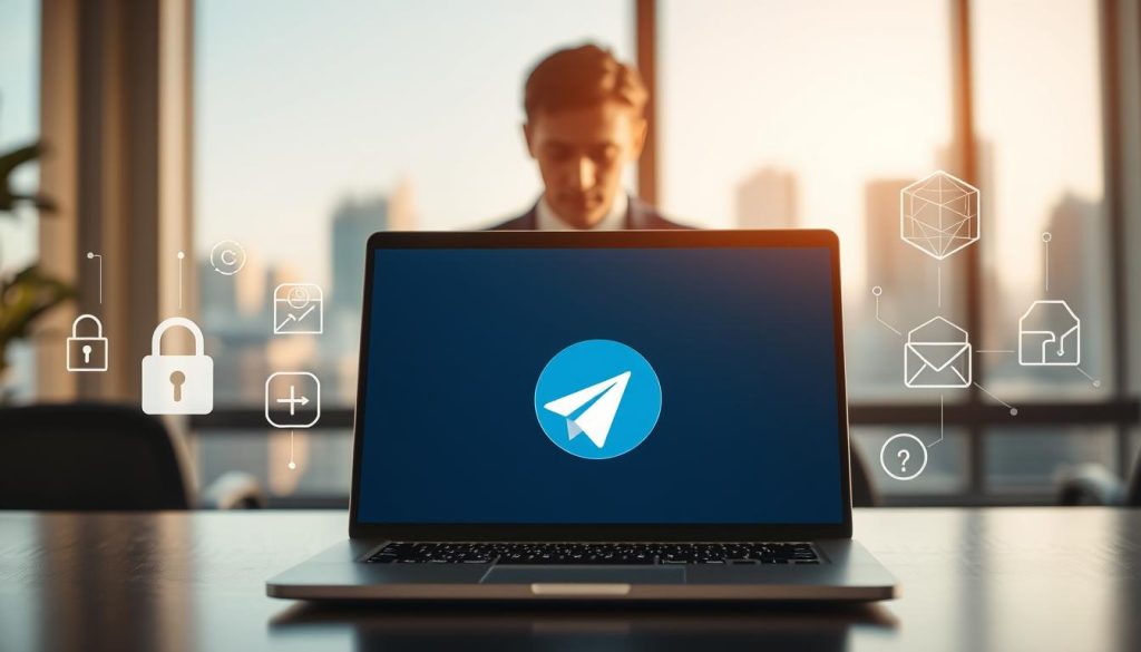 A serene office environment illustrating the concept of privacy protection in digital communication. In the foreground, a sleek laptop with the Telegram logo on the screen, surrounded by abstract icons representing data encryption and privacy (like padlocks and shields). The middle ground features a professional in business attire, focused on the laptop, symbolizing awareness of data management post-account deletion. The background shows a blurred window view of a modern cityscape bathed in soft natural light, creating an atmosphere of calm and vigilance. The lighting is warm and inviting, emphasizing professionalism and security. The overall mood reflects trust and the importance of protecting personal information in today's digital age. A serene office environment illustrating the concept of privacy protection in digital communication. In the foreground, a sleek laptop with the Telegram logo on the screen, surrounded by abstract icons representing data encryption and privacy (like padlocks and shields). The middle ground features a professional in business attire, focused on the laptop, symbolizing awareness of data management post-account deletion. The background shows a blurred window view of a modern cityscape bathed in soft natural light, creating an atmosphere of calm and vigilance. The lighting is warm and inviting, emphasizing professionalism and security. The overall mood reflects trust and the importance of protecting personal information in today's digital age.